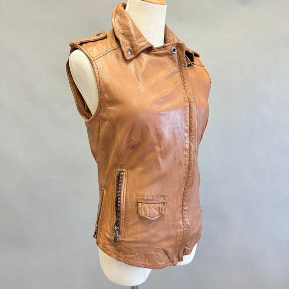 Muubaa Lynn Tan Brown Sleeveless Leather Biker moto jacket vest US Size 6 UK 10 - Picture 6 of 15